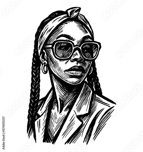 Stylish African American Woman Portrait Wearing Sunglasses and Headband in Engraved Style