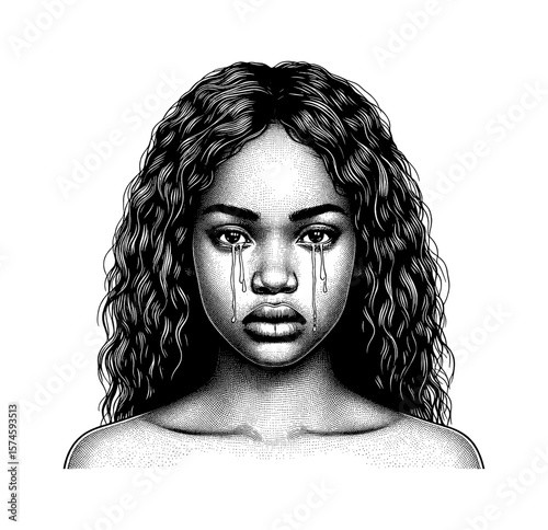 Close-up Portrait of Sad African American Woman with Tears in Her Eyes, Engraving Style