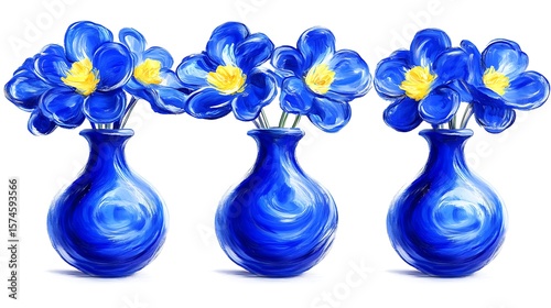 Three stylized blue vases with flowers.