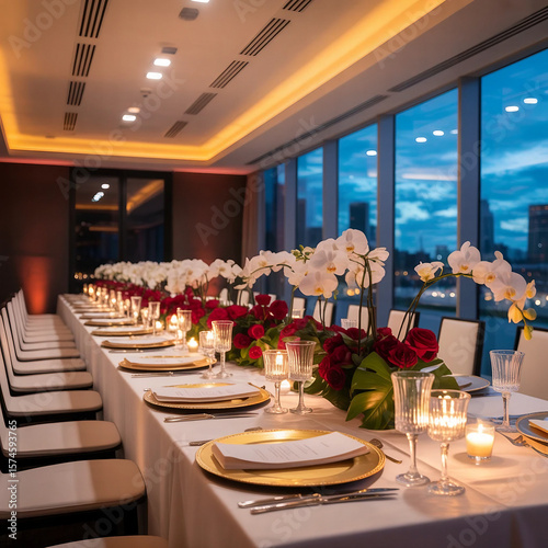 Elegant corporate event venue with sophisticated table settings and ambient lighting, highlighting a professional and upscale atmosphere