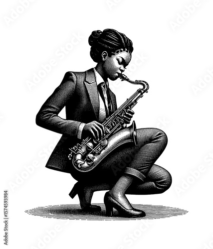 African American Woman Playing Saxophone in Suit Engraving Style Black and White