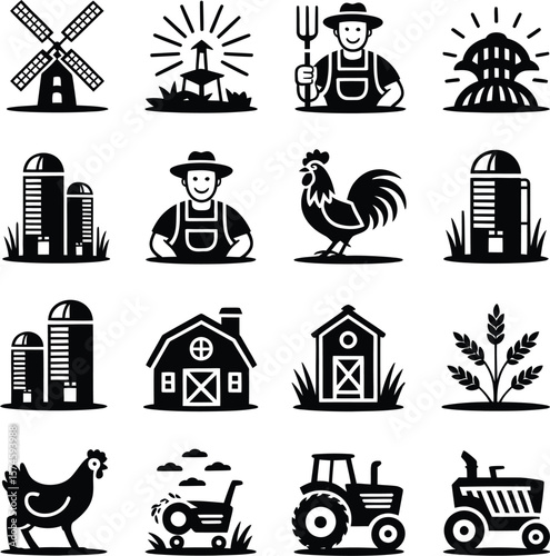 Vector farm icons set agriculture farming rural elements silhouette illustration design collection one hundred