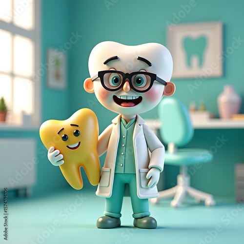 Cartoon dentist holding a cheerful tooth character in an office  