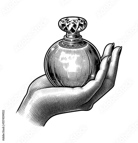 Perfume Bottle Held in Hand Detailed Vintage Engraving Style Black and White Art