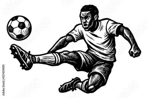 African Soccer Player Kicking Ball in Midair with Intense Expression Black and White Engraving