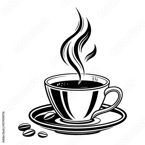 Black coffee cup with steam and beans hot beverage