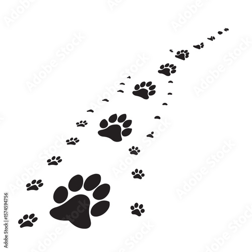 Paw vector foot trail print of cat. Dog, puppy silhouette animal diagonal tracks for t-shirts, backgrounds, patterns, websites, showcases design, greeting cards, child prints and etc.