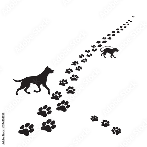 Paw vector foot trail print of cat. Dog, puppy silhouette animal diagonal tracks for t-shirts, backgrounds, patterns, websites, showcases design, greeting cards, child prints and etc.