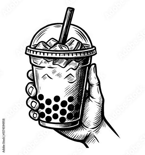 Hand Holding a Boba Tea or Bubble Tea Cup with Straw in Black and White Engraved Style