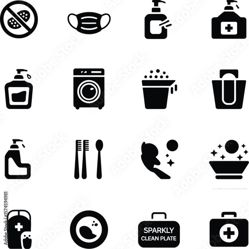Hygiene and cleaning icons set vector illustration for washing hands and surface protection concept 100