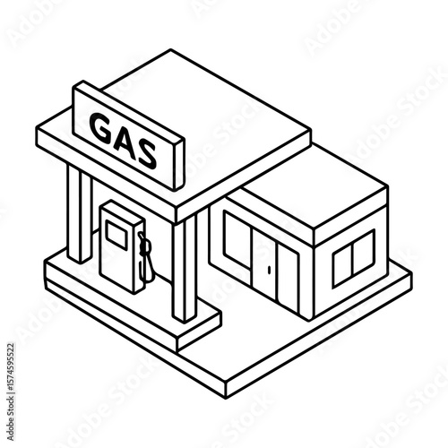 Gas station illustration isometric view for fuel and service outline drawing vector image design 