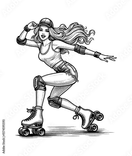 Woman Skating with Roller Skates, Wearing a Cap, Smiling. Black and White Detailed Illustration