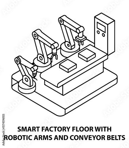 Isometric smart factory floor with robotic arms automated conveyor belt system outline illustration