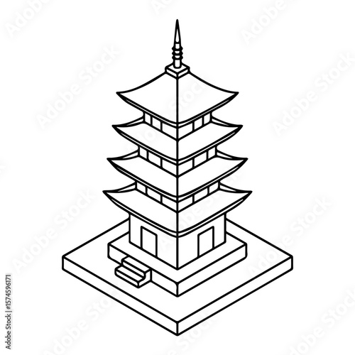 Isometric outline pagoda drawing vector illustration oriental asian architecture temple design 
