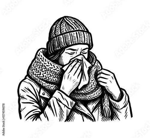 Woman Blowing Her Nose with Tissue Wearing Beanie and Scarf in Engrave Illustration Style