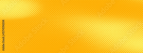 Yellow halftone pattern. Retro comic gradient background. Bright orange pixelated dotted texture overlay. Cartoon pop art faded gradient pattern. Vector backdrop for poster, advertisement