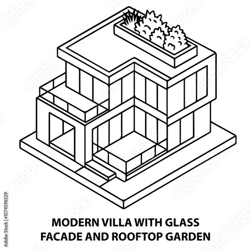 Modern villa design isometric drawing with rooftop garden glass facade architecture and minimalist style