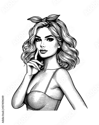 Portrait of Beautiful Woman Posing with Finger on Cheek in Engraved Style