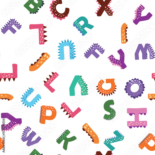 ABC seamless pattern in simple cartoon style. Cute dinosaur alphabet print - hand drawn childish seamless pattern design. Digital paper.