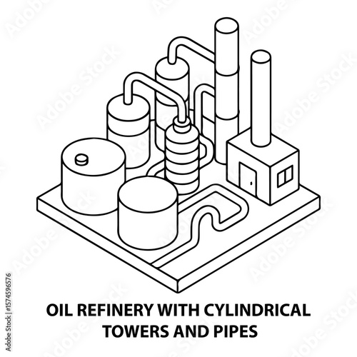 Oil refinery isometric vector illustration with cylindrical towers and industrial pipes design