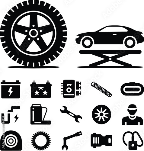 Auto repair service car maintenance and automotive parts icons vector illustration set for garage shop