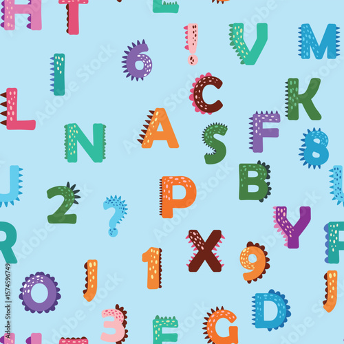 ABC seamless pattern in simple cartoon style. Cute dinosaur alphabet print - hand drawn childish seamless pattern design. Digital paper.