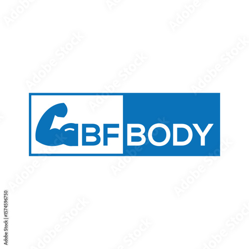 BF Body Logo Design with Arm Silhouette on a Blue and White Background for Fitness and Wellness Brands