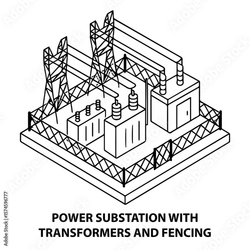 Power substation transformers electricity grid transmission distribution energy infrastructure outline isometric view