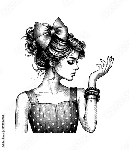 Elegant Woman with Bow and Bracelet in Black and White Engraving Style with serious mood