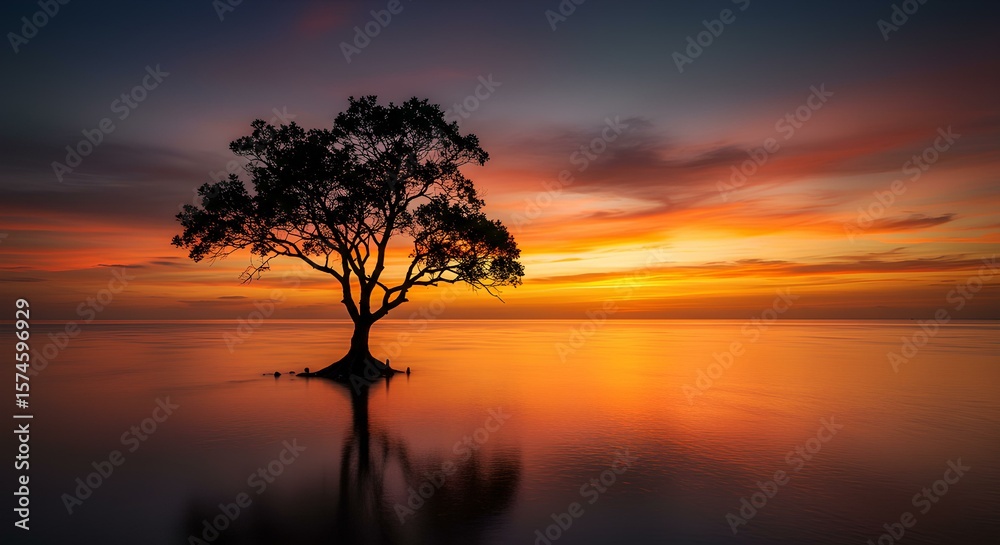 Fototapeta premium Solitary Tree at Sunrise Reflecting on Calm Water