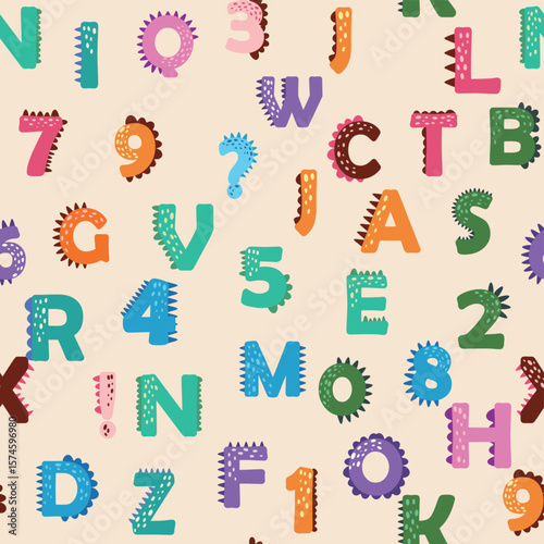 ABC seamless pattern in simple cartoon style. Cute dinosaur alphabet print - hand drawn childish seamless pattern design. Digital paper.