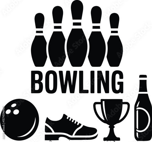 Bowling sport game equipment pins ball shoe trophy and beer bottle vector graphic illustration