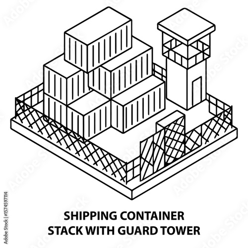 Shipping container stack isometric view with guard tower outline vector illustration design element
