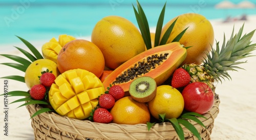 Assortment of Tropical Fruits in a Basket on a Beach