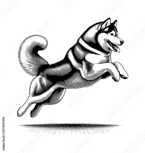 Engraved illustration of a jumping husky dog with detailed fur and shadow isolated on white background