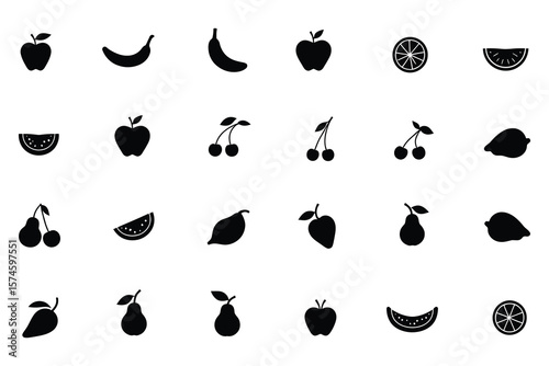 Simple Black Silhouette Icons of Various Fruits