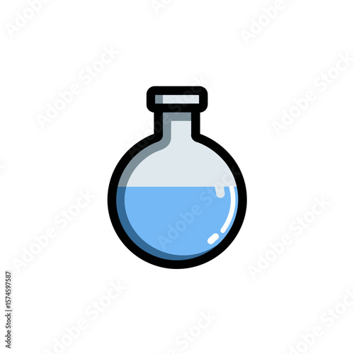 Blue liquid filling lab flask science experiment isolated