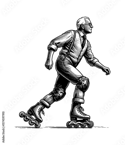 Elderly Caucasian Man Roller Skating with Knee Pads in Black and White Detailed Engraving