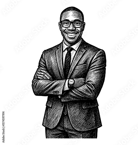 Smiling African American Businessman Posing with Arms Crossed in Detailed Black and White Engraving