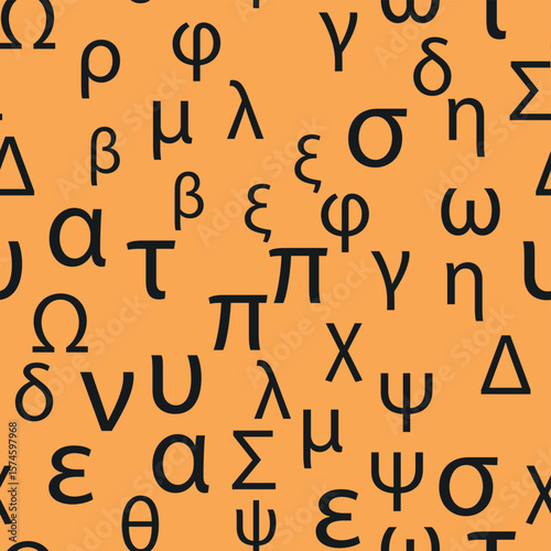 Seamless pattern Letters and symbols of the Greek alphabet. Bright Greek alphabet.