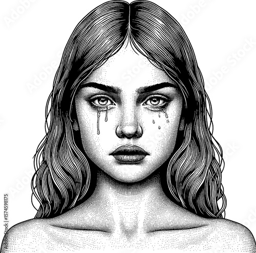 Sad Woman Portrait with Tears Streaming Down Her Face in Detailed Engraving Style