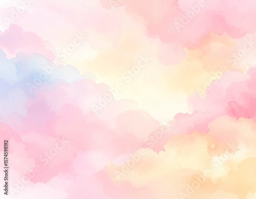 Generated image パステル 水彩 背景 抽象 ソフト ピンク 空 雲 ふんわり ドリーミー 淡い 癒し 明るい 柔らかい 可愛い カラフル グラデーション テクスチャー アート 風景 ファンタジー 青 黄色 紫 アブストラクト スイート フェミニン ロマンチック ハートフル 愛らしい 手描き イラスト 夢 やさしい ベビー 春 穏やか 柔和 トレンド ナチュラル 空想的 ピースフル 