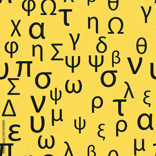 Seamless pattern Letters and symbols of the Greek alphabet. Bright Greek alphabet.