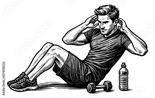 Man Doing Sit-ups with Dumbbell and Water Bottle in Black and White Engraving Style Illustration