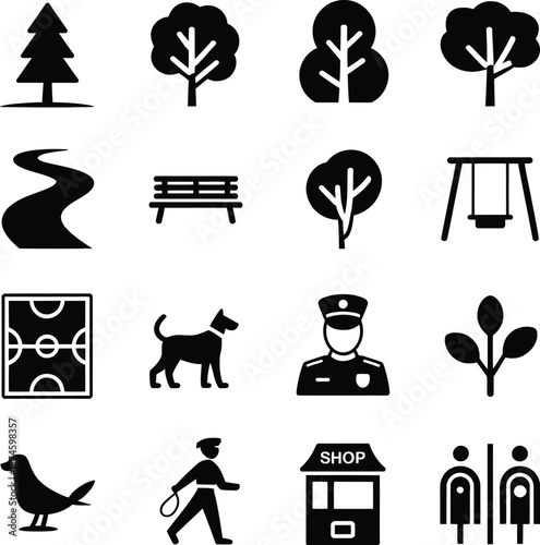 Park elements vector icons set nature trees bench playground shop dog officer bird restroom 100 characters