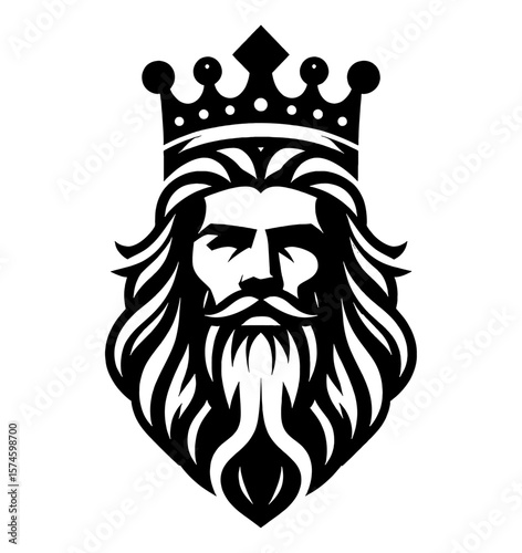 Illustration of King with Beard and Crown in Black and White