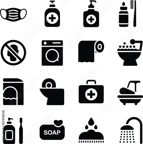 Hygiene and sanitation vector icons set for bathroom cleaning and personal care products collection design