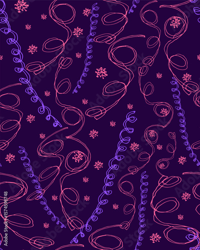 Holiday Christmas seamless pattern with outline serpentines ribbons on dark violet, Greeting card, gift packaging., wrapping paper. Naive baby scrabble style collection for happy new year. 
