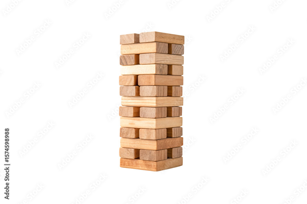Wooden building blocks arranged in tall unstable tower formation showing natural wood grain patterns, isolated on a transparent background Wooden building blocks arranged in tall unstable tower formation showing natural wood grain patterns, isolated on a transparent background