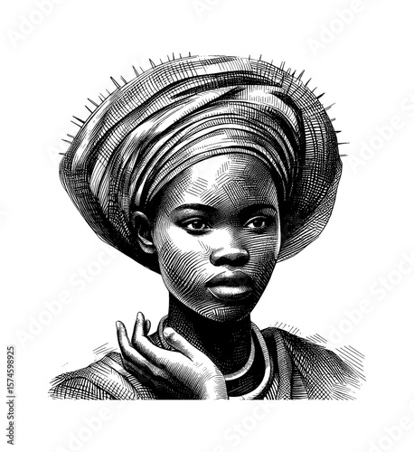 Portrait of a Serious African Woman with Traditional Head Wrap in Engraving Style